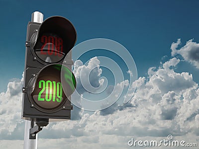 Happy new year 2019. Traffic light with green light 2019 on sky Cartoon Illustration