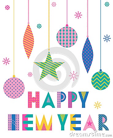 HAPPY NEW YEAR. Trendy geometric font in memphis style. Colored Christmas decorations Vector Illustration