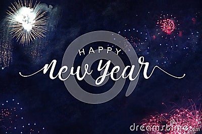 Happy New Year Typography with Fireworks in Night Sky Stock Photo