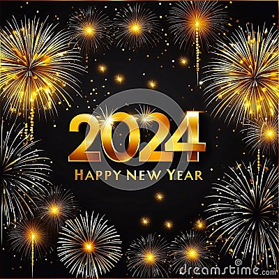 Happy New Year 2024 with various colors of fireworks. Stock Photo