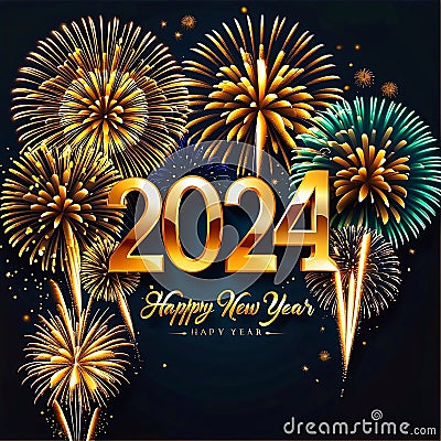 Happy New Year 2024 with various colors of fireworks. Stock Photo