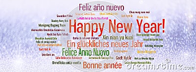 Happy New Year various languages greetings on blurred blue snow Stock Photo