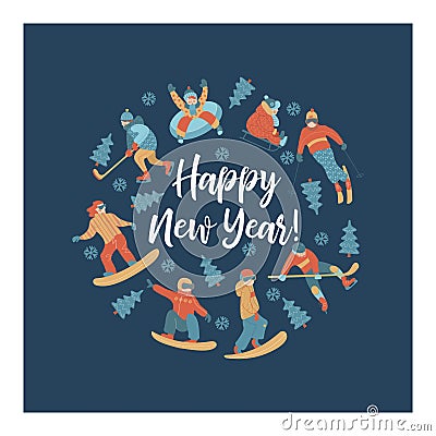Happy new year. Vector illustration. A set of characters engaged in winter sports and recreation. Vector Illustration