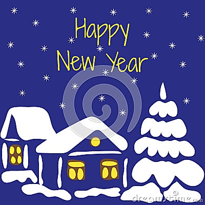 Happy new year. Vector illustration of a snow covered house and Vector Illustration