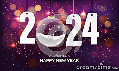 Happy New Year 2024 white paper number stars glass ball bokeh blur on purple luxury design for holiday festival celebration Vector Illustration