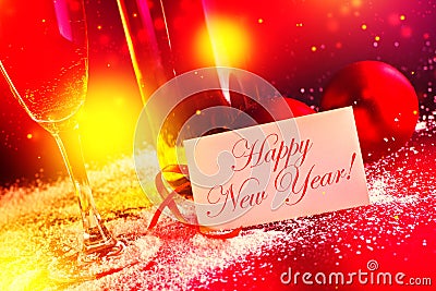 Happy New Year. White wine and christmas balls with greeting car Stock Photo