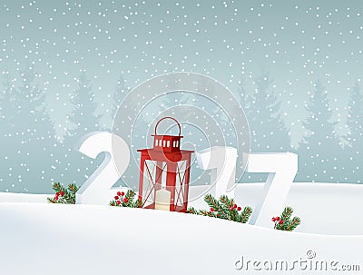 Happy new year 2017. White winter landscape with forest, numbers, falling snow. Christmas decoration with fir branches. Vector Illustration