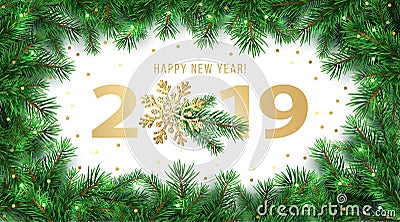 Happy New Year 2019 winter holiday greeting card design template with fir branches frame and shining Gold Snowflake decoration Cartoon Illustration