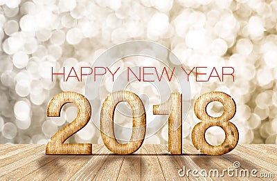 2018 happy new year wood number in perspective room with sparkling bokeh wall and wooden plank floor,holiday greeting Stock Photo