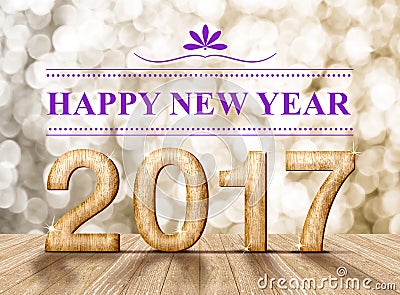 Happy new year 2017 wood number in perspective room with sparkling gold bokeh light and wooden plank floor. Stock Photo