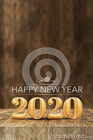 Happy New year 2020 at wooden block table and blur wood wall,vertical banner Holiday greeting card for social media3d rendering Stock Photo