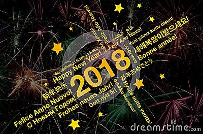 Happy new year 2018 word cloud in different languages greeting card with fireworks Stock Photo