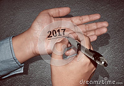 Happy new year write 2017 in hand Stock Photo