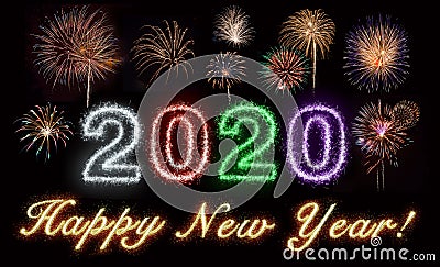 Happy New Year 2020 Fireworks Text Stock Photo