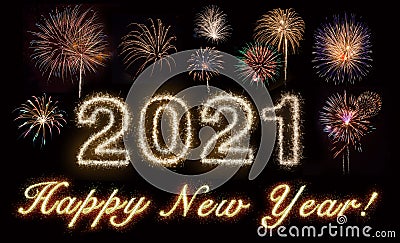 Happy New Year 2021 Written In Gold Fireworks Text Stock Photo