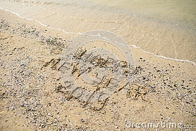 Happy new year 2019 written on tropical beach sand, copy space. Holiday concept Stock Photo