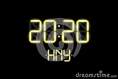 Happy New Year xmas card with lcd electronic display clock numbers 2020 and HNY golden letters on black background Vector Illustration