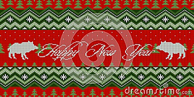 Happy New Year. Year of the Pig. Winter night - Christmas knitted woolen seamless pattern with wild boars in the spruce forest Vector Illustration