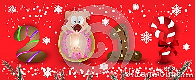 Happy New Year 2019 zodiac pig characters cute with snowflakes & fir Vector Illustration