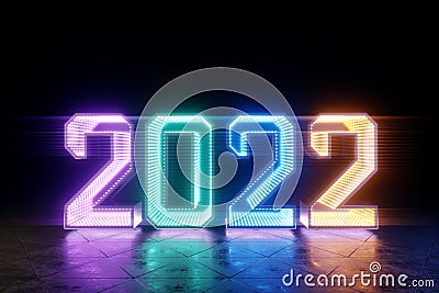 Happy New Years, neon numbers 2022 shine brightly. Festive ultraviolet background, merry christmas. Winter holiday, template, Cartoon Illustration