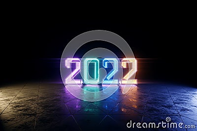 Happy New Years, neon numbers 2022 shine brightly. Festive ultraviolet background. Winter holiday, template, greeting card. 3D Cartoon Illustration