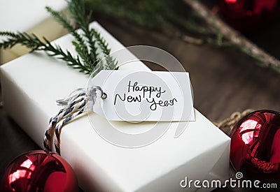 Happy New Years tag on a gift box Stock Photo