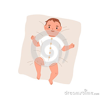 Happy newborn baby in bodysuit. Top view of smiling joyful infant in clothes. Adorable little boy lying on pillow. New Vector Illustration