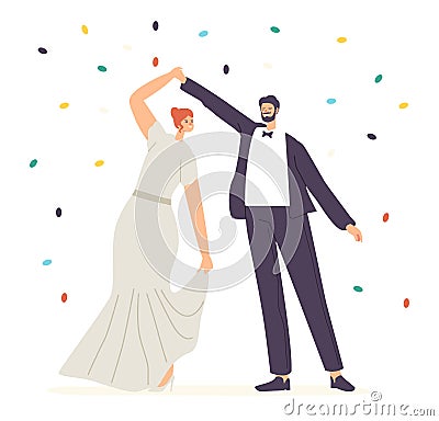 Happy Newlywed Couple Perform Wedding Dancing during Celebration Concept. Just Married Bride and Groom Characters Dance Vector Illustration