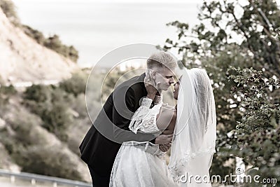 Happy newlyweds kiss against the backdrop of a beautiful mountain landscape, sepia Stock Photo
