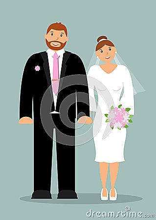 Happy newlyweds: smiling, holding hands smart groom and bride with a cute delicate bouquet of white and pink flowers Vector Illustration