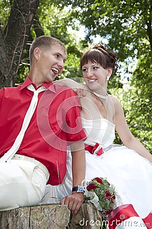 Happy newlyweds smiling Stock Photo