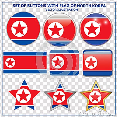 Happy North Korea day buttons. Bright set buttons with flag of North Korea. Vector Illustration