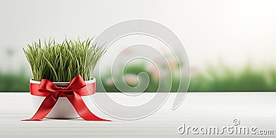 Happy Nowruz holiday background. Green wheat grass semeni tied with a red bow. Simple Nowruz symbol background Stock Photo