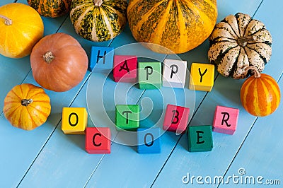 Happy October wooden blocks with many-coloured Stock Photo