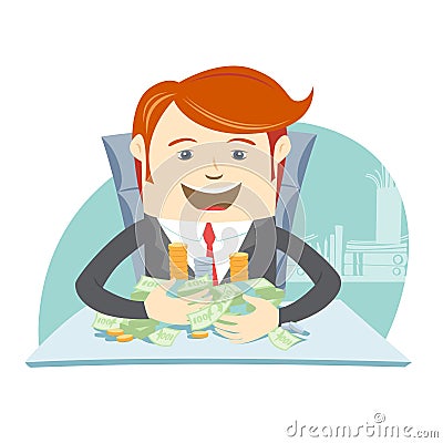 Happy office man hipster sitting at the table and hugging money Cartoon Illustration