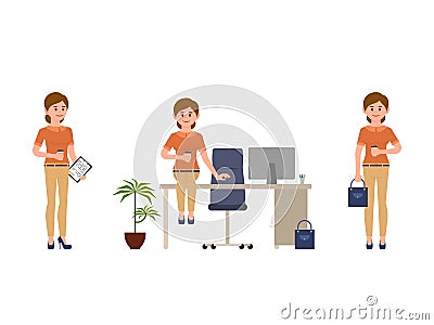 Happy office woman drinking coffee at work cartoon character. Friendly business worker girl. Vector Illustration