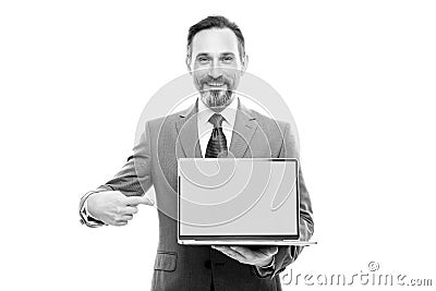 happy office worker pointing finger computer for copy space copy space, video conference. Stock Photo