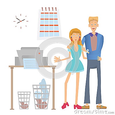 Happy office workers stand at the copier or printer. Man and Woman in the workplace. Vector illustration, isolated on Vector Illustration