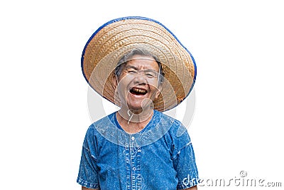 Happy old Asian woman farmer smiling on a white Stock Photo