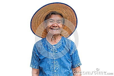 Happy old Asian woman farmer smiling on a white Stock Photo