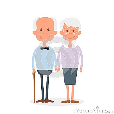 Happy old couple together. Cute Seniors couple holding hands. Happy grandparents day. Vector Illustration of happy retirement. Vector Illustration