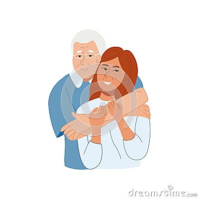 Happy old father hugging smiling adult daughter Vector Illustration