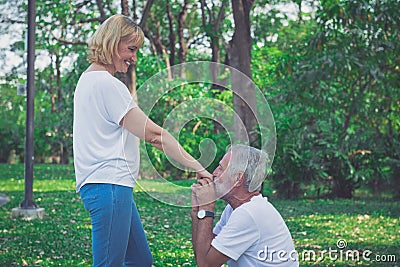 Happy old man kiss his wife hand at the park Stock Photo