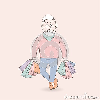 Happy old man with packages in hand.Caucasian white hipster carrying shopping bags. Vector cartoon illustration Stock Photo