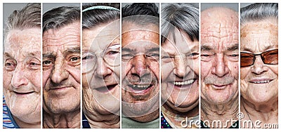 Happy old people. Collage of delighted, smiling elderly men and women Stock Photo