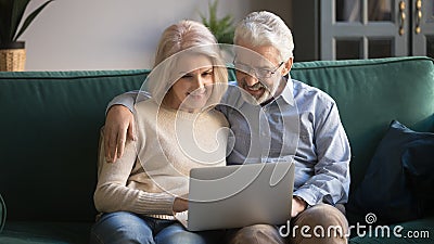 Happy old senior couple using laptop sit on sofa Stock Photo