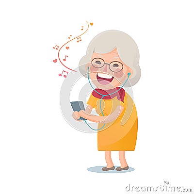 Happy Old Woman Listen the Music Vector Illustration