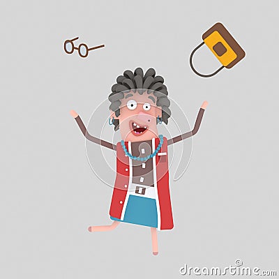 Happy old woman throwing out his handbag. 3D Stock Photo