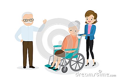 Happy old woman in a wheelchair,grandfather and cute girl,elderly characters isolated on white background Vector Illustration