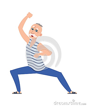 Happy older dancing man. Cartoon senior age person. Gray-haired male character doing sport exercises. Smiling Vector Illustration